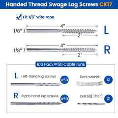 100 Pack 1/8″ Cable Railing Hardware Kit Swage Lag Screws Left and Right Handed