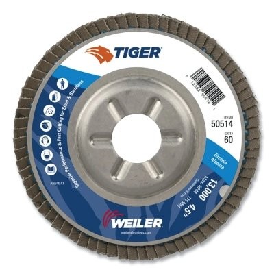 Tiger Disc Angled Style Flap Disc, 4-1/2 in dia, 60 Grit, 7/8 Arbor, 13000 rpm,