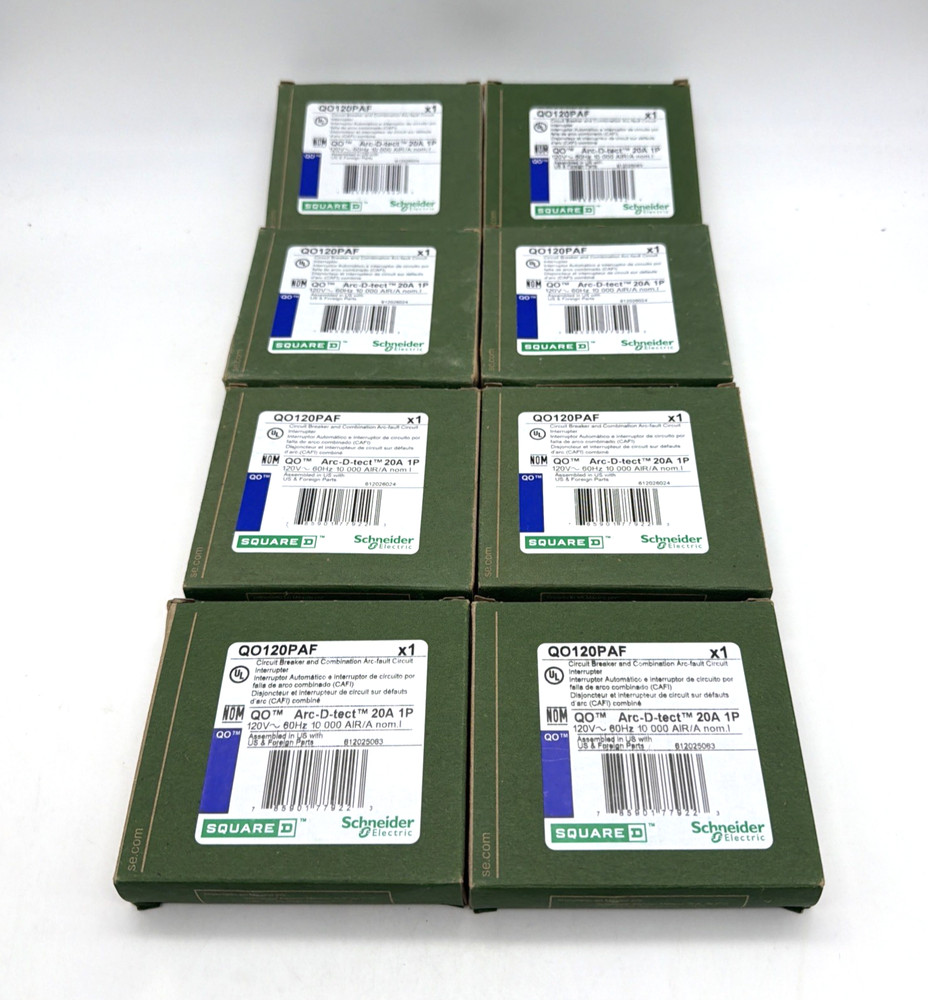 Square D QO120PAF 20A Arc Fault CAFCI Plug-On Neutral Breaker NEW Bundle of 8