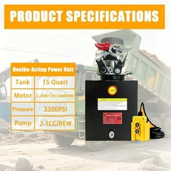 15 Quart 12V DC Double Acting Hydraulic Pump Power Unit (Steel) for Dump Trailer