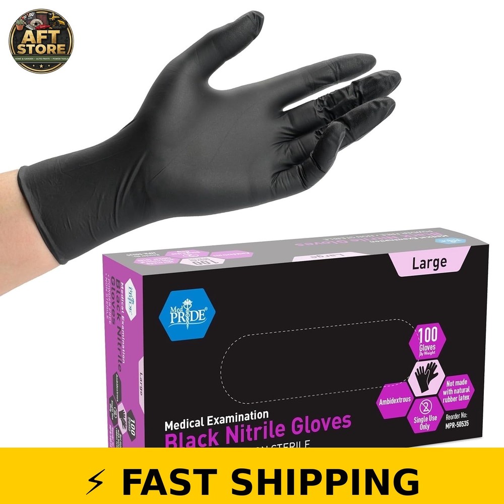 MedPride Nitrile Gloves Powder-Free, Large, Black, 100-Pack