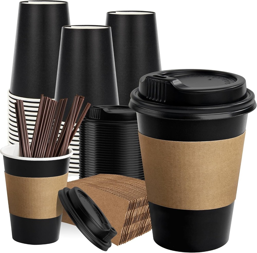 50 Pack 12 oz Coffee Cups with Lids, Black Disposable Coffee Cups with Lids,