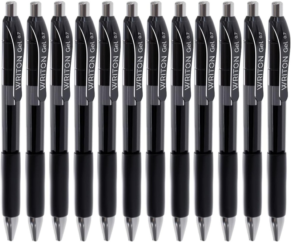 Writon Retractable Gel Pens, Comfort Grip, 0.7mm Fine Point, Black Ink, 12 Pack