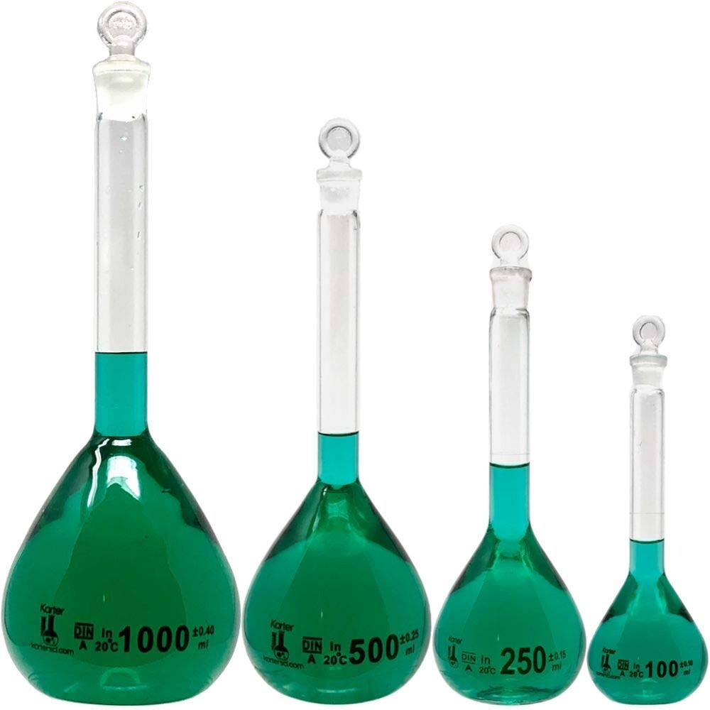 3 Volumetric Flask Sets – 4 Sizes – 100, 250, 500, and 1000ml, Boro Glass
