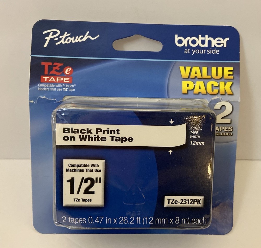 Brother P-Touch TZe-2312PK 1/2” Black Print On White Tape Value Pack – J24