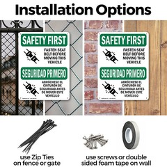 (2 Pack) Fasten Belt Moving Vehicle Bilingual OSHA Safety First Sign Decal Metal