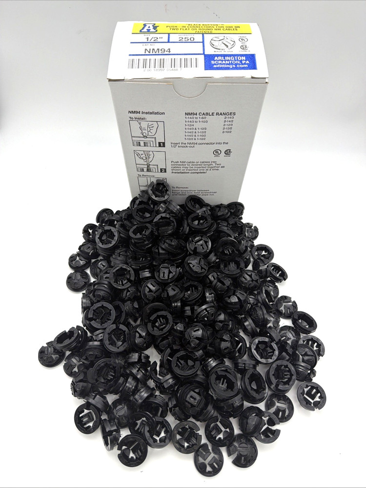 ARLINGTON NM94 1/2” NM CABLE CONNECTORS PUSH-IN ROMEX CLAMP 250 PACK NEW