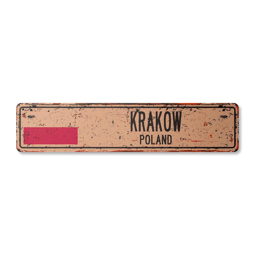 KRAKEW POLAND Vintage Street Sign Pole flag city country road wall rustic gift