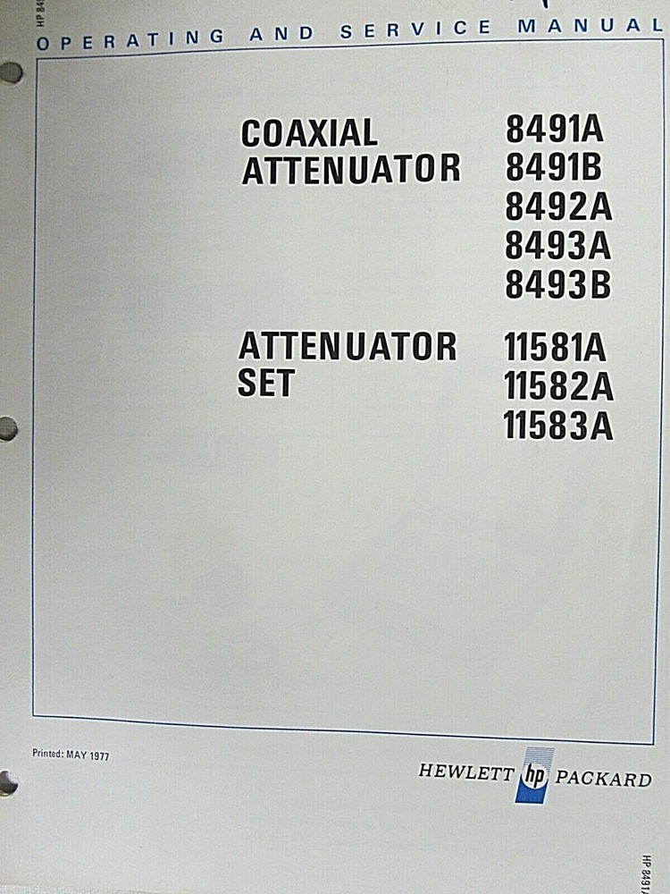 HP 8491A 8491B 8492A 8493A 8493B 11581A 11582A 11583A Operating & service Manual