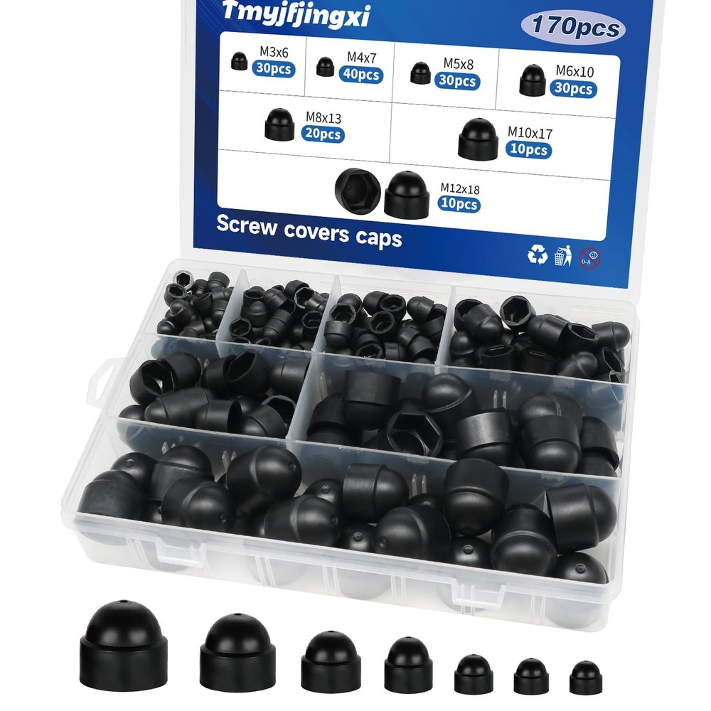 170PCS Plastic Screw Bolt Hex Nut Covers Caps 7sizes Black M3-M12 M4 M5 M6