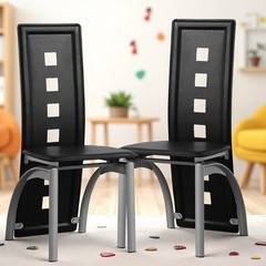 4pcs Dining Chairs – High Back Square Cutout Design, Chrome Legs & PU Leather