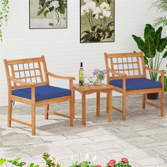 3-Piece Acacia Wood Outdoor Bistro Set with Coffee Table for Porch and Navy Cush