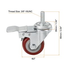 4pcs 2″ Swivel Threaded Stem Casters 3/8″-16UNC PU with Brake 110lbs Load Red