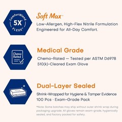 Medical Soft Max Nitrile Exam Gloves, 100 Count Latex-Free Powder-Free Non-St…