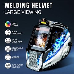 Solar Powered Auto Darkening Welder Mask with Large True Color View & 4 Sensors