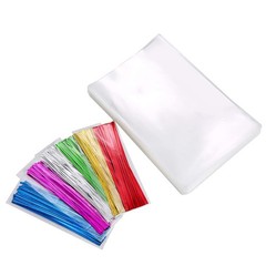 100 PCS Clear Thick Cello Treat Bags Cellophane 6 Color Twist Ties 8×12 In