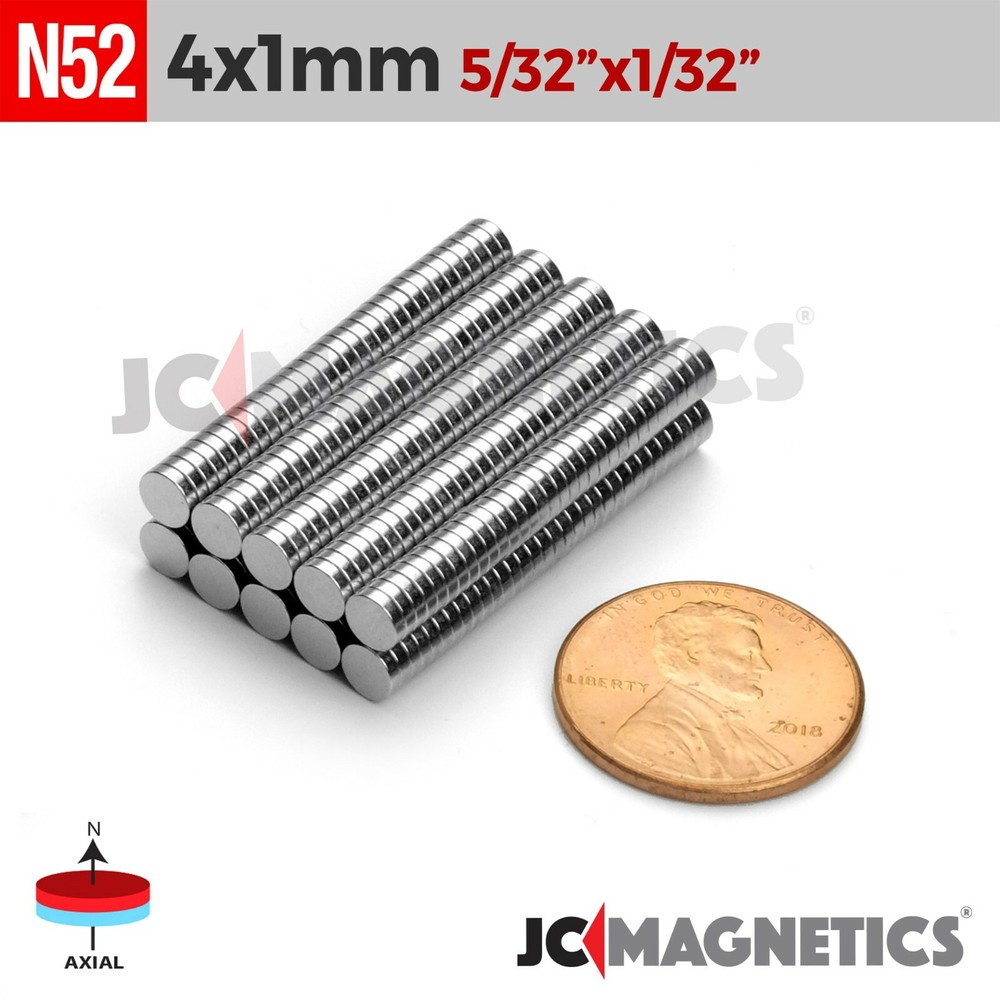 4mm x 1mm 5/32″x1/32″ N52 Rare Earth Neodymium Small Thin Magnet Disc 4x1mm