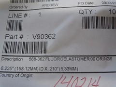-362 V90 Viton (FKM, Fluorocarbon) 90 Duro O-Rings LOT OF 5