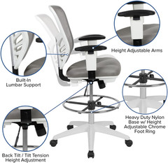 Light Gray Ergonomic Drafting Chair with Chrome Foot Ring & Adjustable Arms