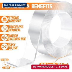 Heavy Duty Double Sided Tape Clear 10ft Removable No Residue Mounting Tape