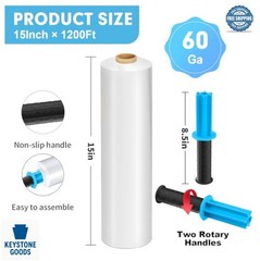 Stretch Film 15 x 1200 Ft 4 Rolls Industrial Strength Clear Wrap with Handles