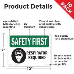 Respirator Required With Symbol OSHA SAFETY FIRST Sign Or Decal – 5 or 10 Pack
