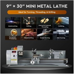 9×30″ Mini Metal Lathe 1100W DC Motor 3-Jaw Chuck LCD Display Metalworking