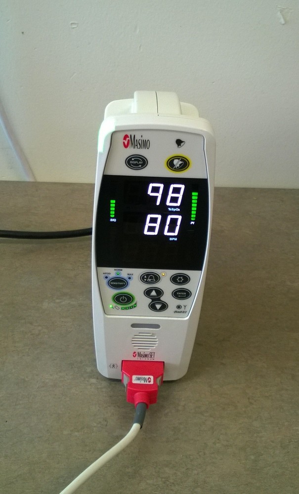 Masimo Rad 87V Pulse Oximeter, with OEM patient cable, adult sensor, and AC cord