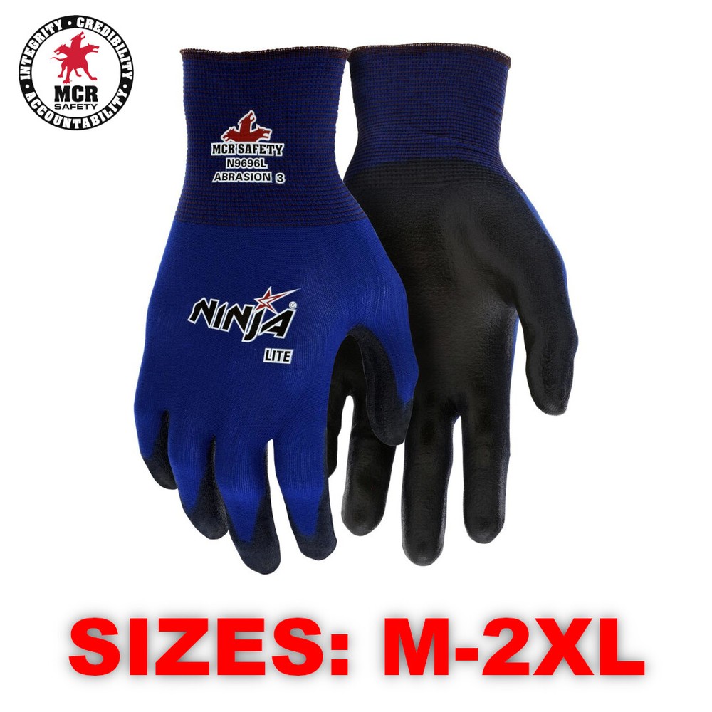 MCR Safety N9696 Ninja Lite Polyurethane Nylon Coated Work Gloves (Sizes: M-2XL)