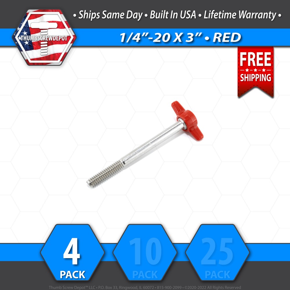 1/4″-20 x 3″ Thumb Screw Stainless Steel – Red Tee / Wing Knob – USA