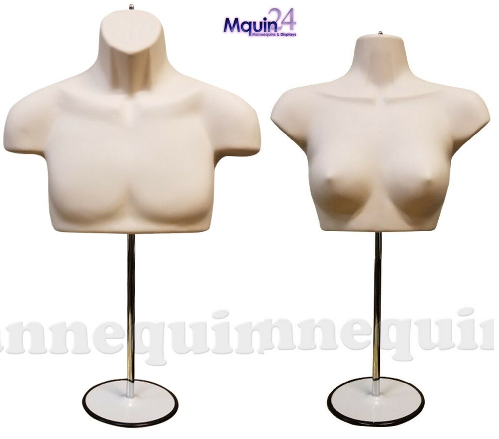 1 Set Male & Female Torso Mannequins Flesh Dress Form with 2 Stands & 2 Hangers