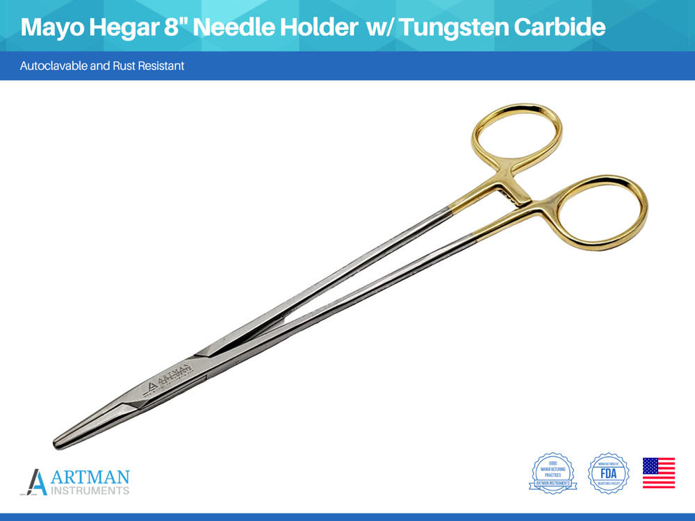 Mayo Hegar Needle Holder 8″ Surgical Needle Driver with Tungsten Carbide ARTMAN