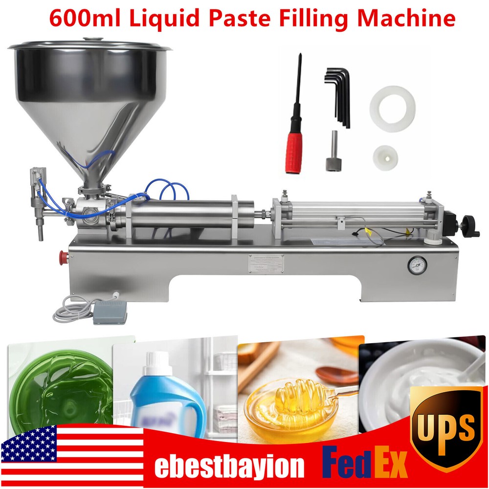 600ml Liquid Paste Filling Machine Pneumatic Bottle Pack Piston Filler + Hopper.