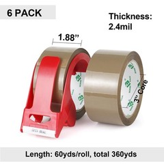 Brown Packing Tape with Dispenser, 2.4 Mil 1.88 Inch x 60 Yards, 6 Refills Ro…