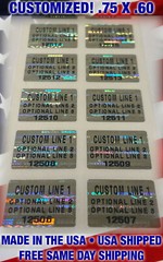 1000 CUSTOM PRINTED TAMPER EVIDENT SILVER HOLOGRAM LABELS STICKERS .75 X .60 IN.