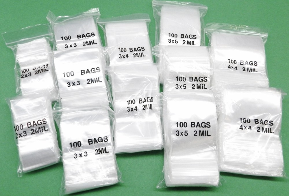 Reclosable Bags Assortment 1200 Clear 2mil Bags 5 Sizes 2×3 3×3 3×4 3×5 4×4