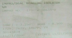 NEW INPRO SEAL 1700-A-08635-0 BEARING ISOLATOR SHAFT 7.250 BORE 8.500