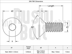 M2.5 x 8mm, Socket Flat Head Screws, 10.9 Steel, Black, Countersunk