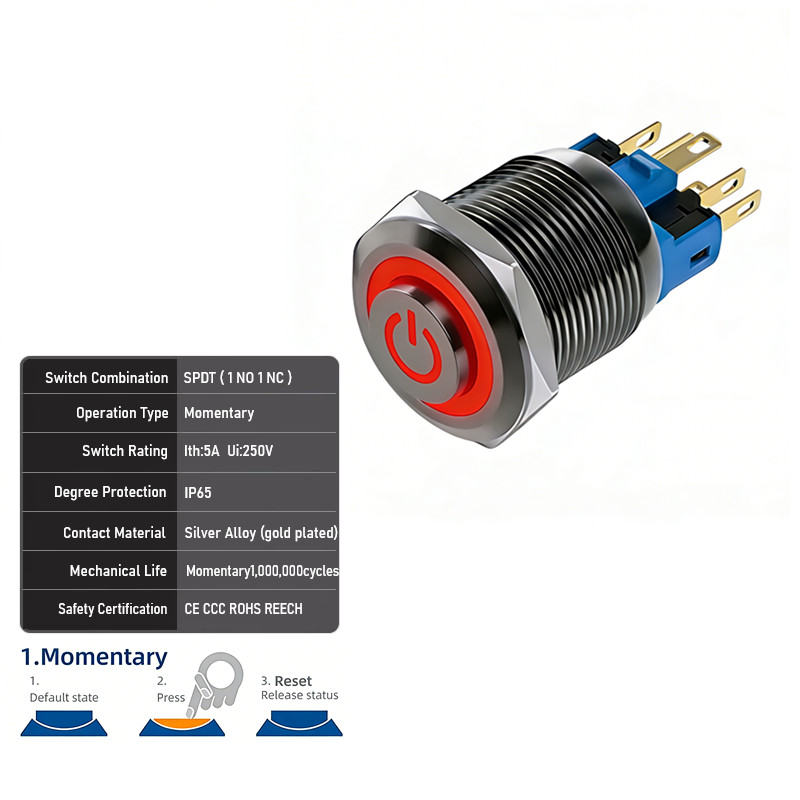 22mm SPDT IP65Aluminum Alloy High Head Ring Power Symbol Led Button Power Switch