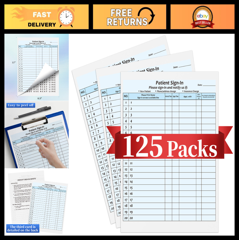 125 Patient Sign-In Sheets, HIPAA Compliant, Adhesive Peel-Off NCR Forms for Cli