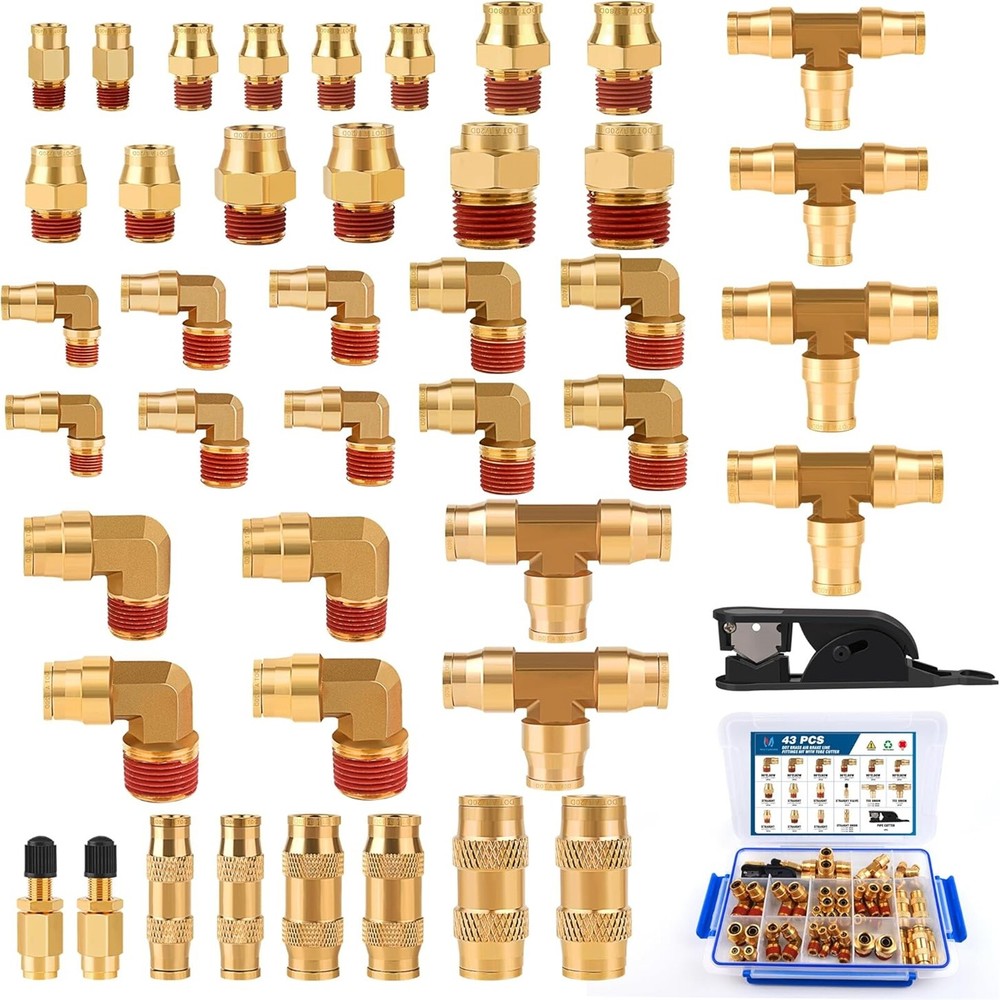 76 Pcs Brass DOT Air Line Fittings Kit Push Lock 2-IN-1 Push to Connect Fittings
