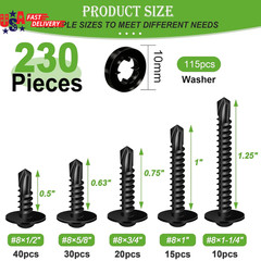 230PCS #8 Self Tapping Screws,410 Stainless Steel Self Tapping Screws for Metal,