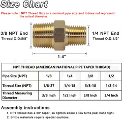 3/8 NPT X 1/4 NPT Male Solid Brass Hex Nipples, Heavy Brass Pipe Adapter Fitting