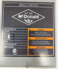 McDonald 6619-014 Standard Motor Control Box Basic SC0413 0.75HP230VS