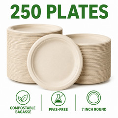 125/250500/1000pcs 7 Inch Compostable Disposable Bagasse Round Party Plates