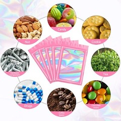 Smell Proof Mylar Bags Holographic Resealable Food Foil Pouches Zipper Lock Pink