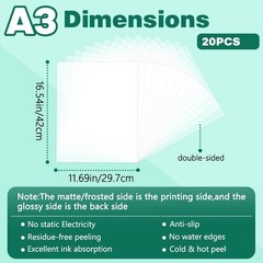 20 Sheets A3 DTF Transfer Film (11.7″x16.5″) Matte, Cold/Hot Peel Transfer Paper