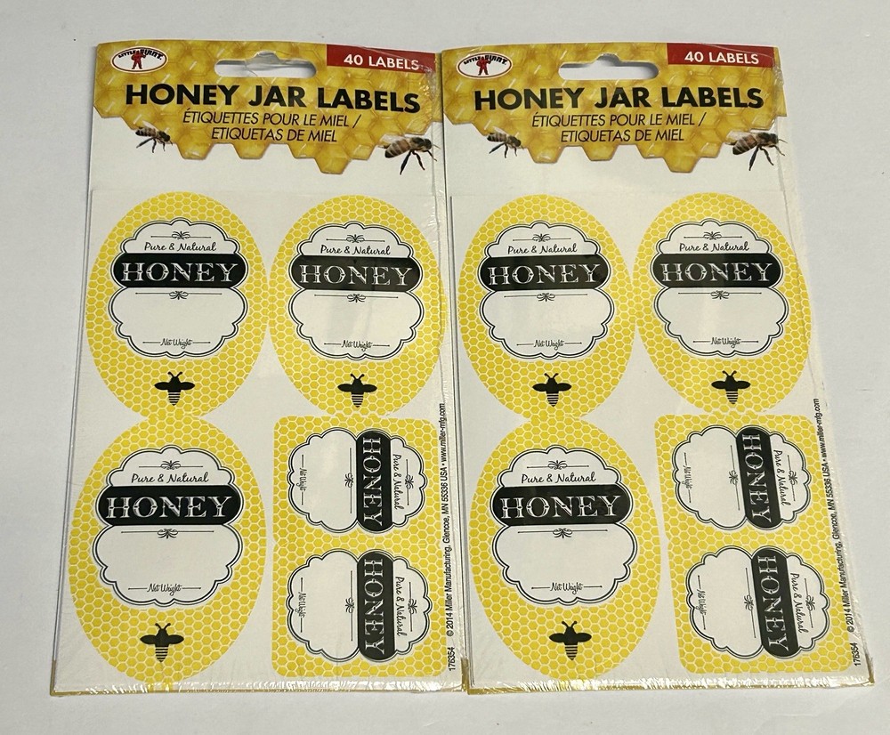 Lot of 2 Honey Jar Labels, 40ct Packs Pure Natural Honey Stickers 80 Total, USA.