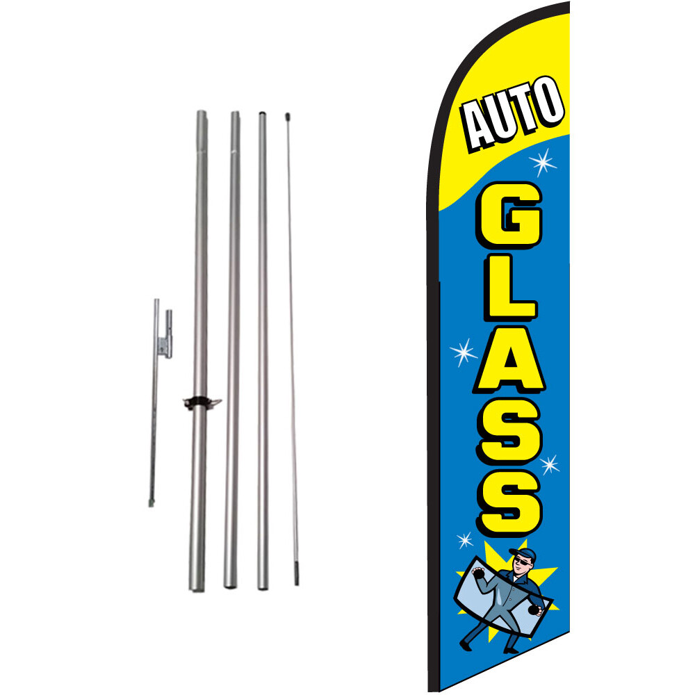 Auto Glass Here 15′ Feather Banner Swooper Flag Kit with Flag Pole and Spike