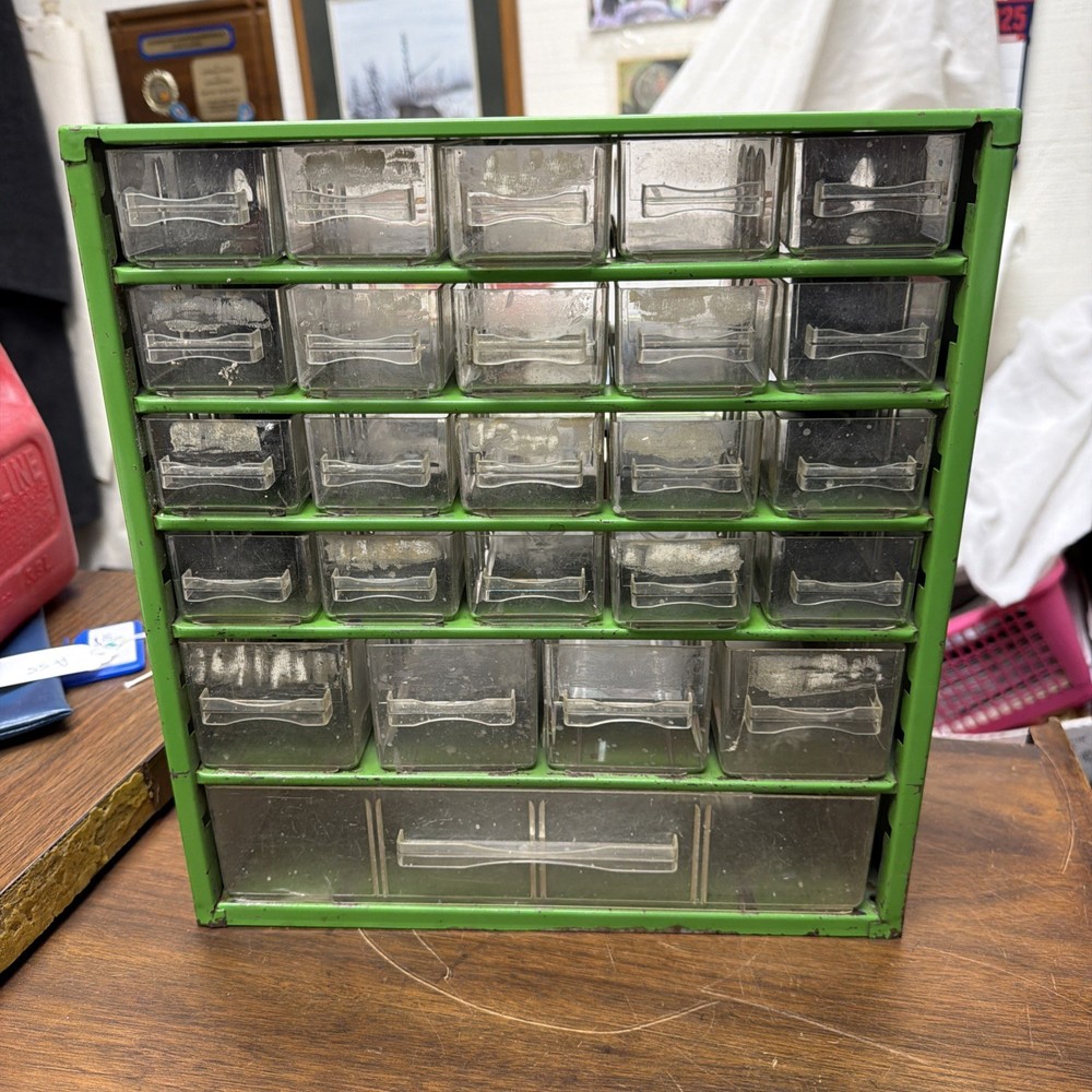 Vintage RAACO Corp Green Metal Storage Cabinet 25 Drawer Made In Denmark EMPTY!